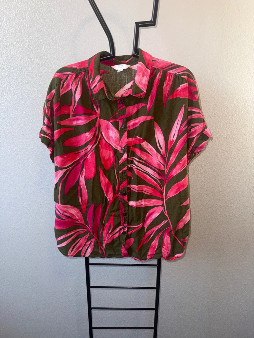 Time and Tru Olive and Hot Pink Tropical Button-Down Shirt